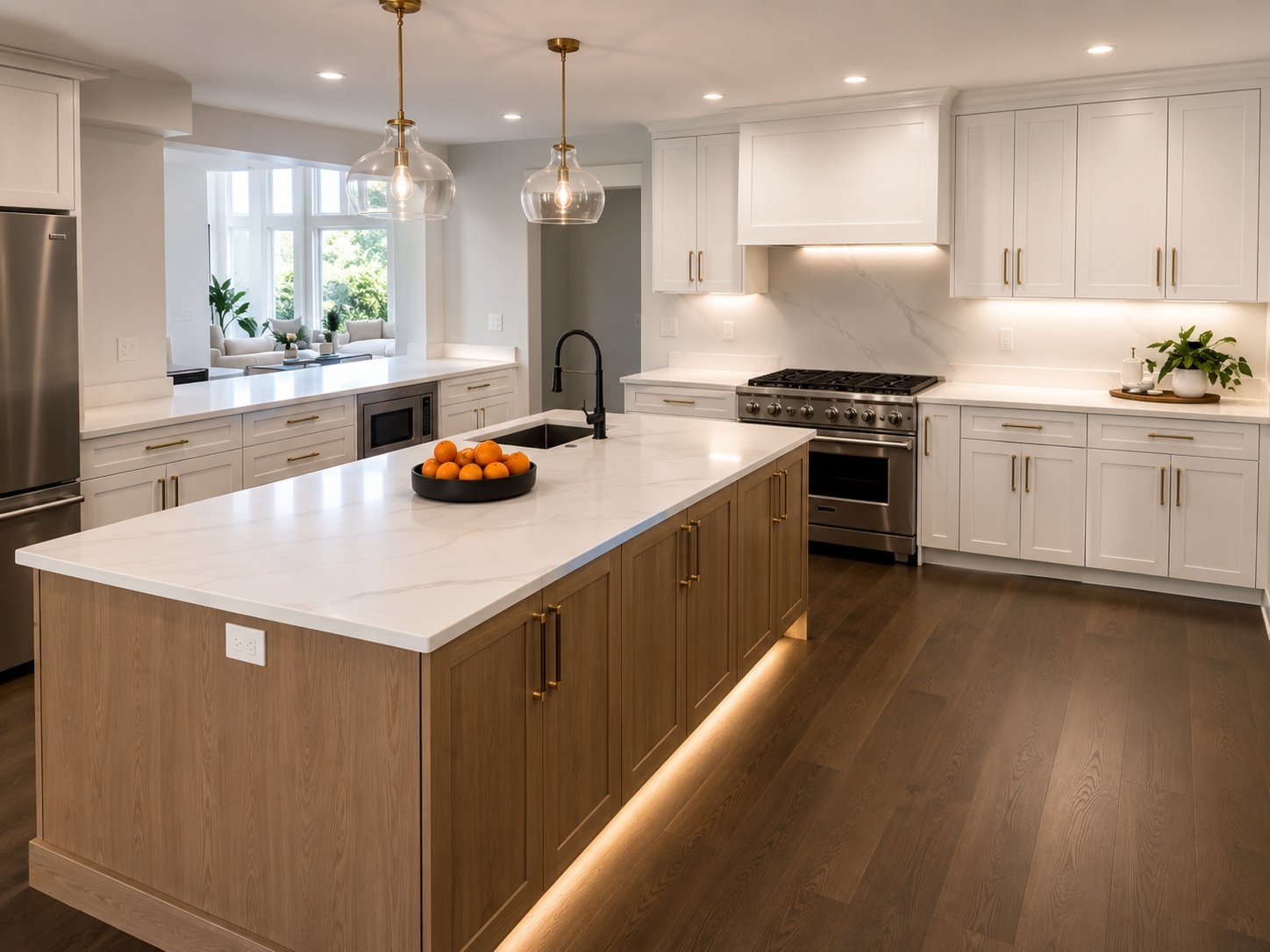 Cockeysville MD full kitchen remodel by Precision Remodel LLC — white shaker cabinets, natural oak island with LED undermount lighting, Calacatta quartz countertops, pro-grade stainless range, brass hardware, wide-plank hardwood floors