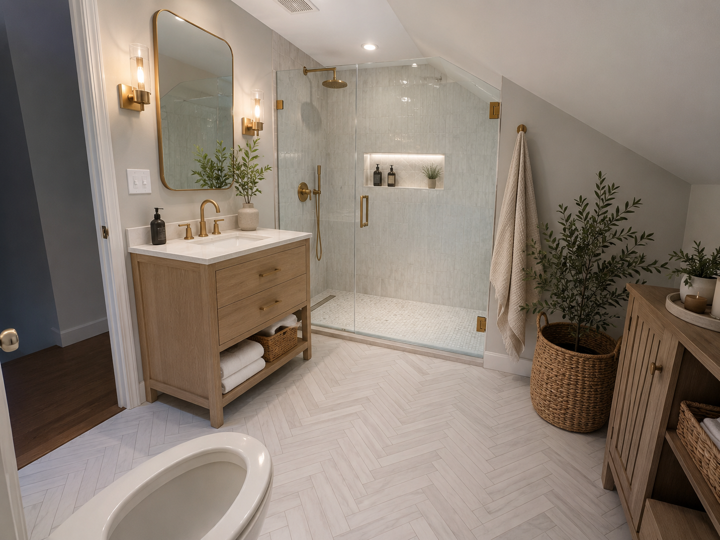 Sparrows Point MD bathroom renovation by Precision Remodel LLC — frameless glass shower, herringbone tile, oak vanity, brass fixtures