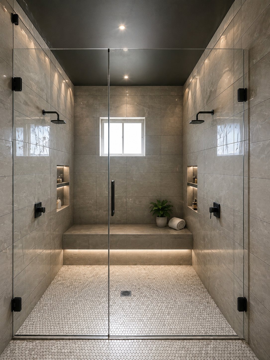 Towson MD master bathroom renovation by Precision Remodel LLC — dual rainfall showers, frameless glass enclosure, penny tile floor, built-in bench with ambient under-lighting, matte black fixtures