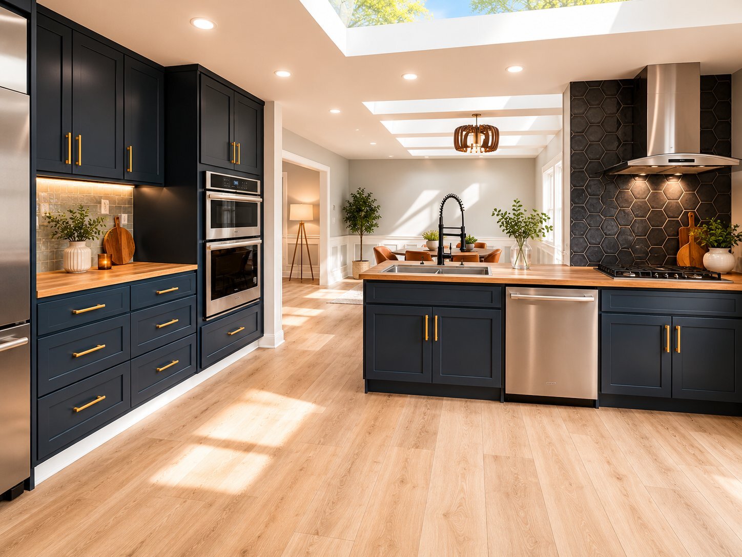 Stevenson MD open concept kitchen renovation by Precision Remodel LLC — structural wall removal, skylights added, navy island